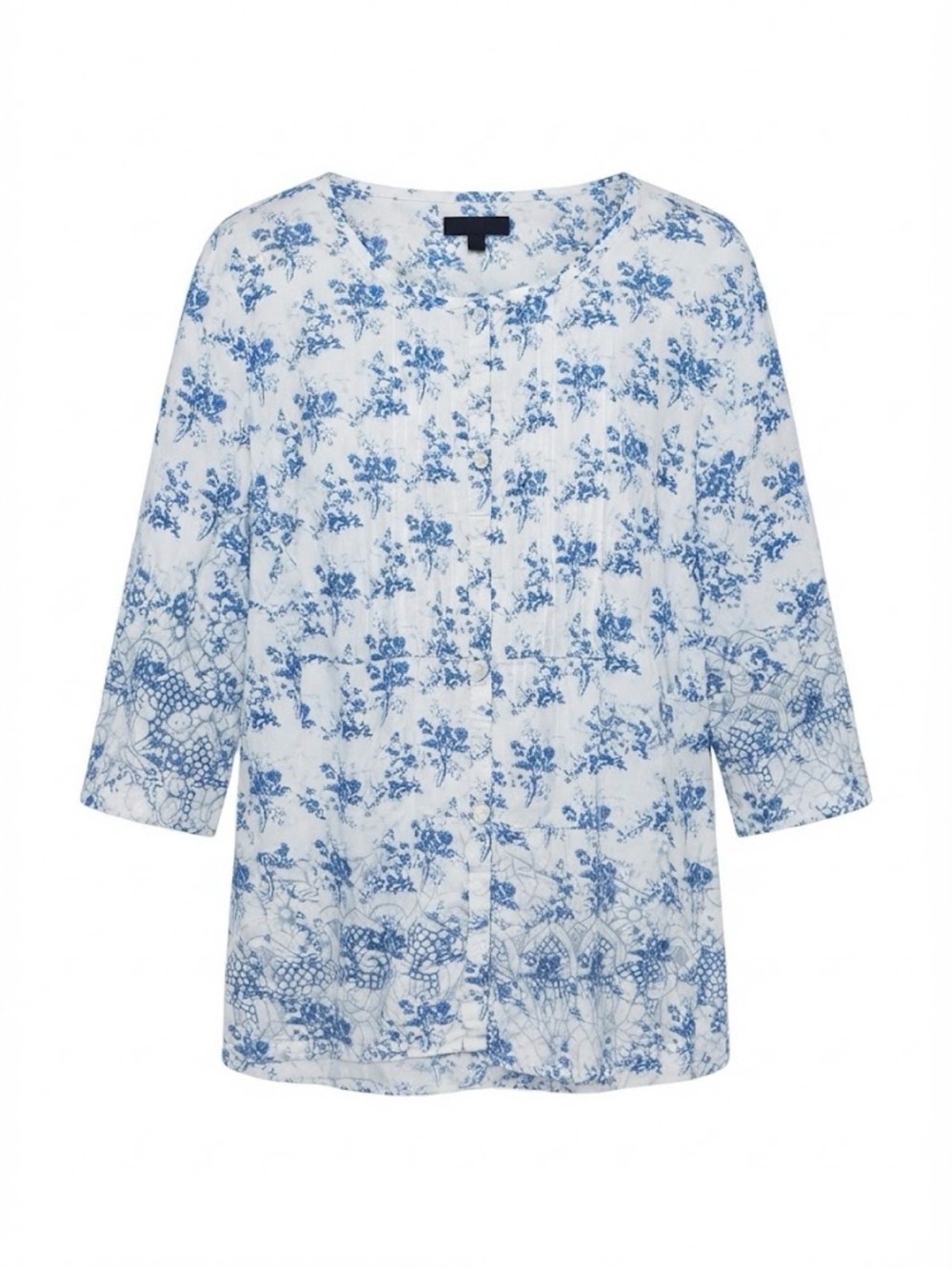 ellos White and Blue Floral Button-Front Tunic